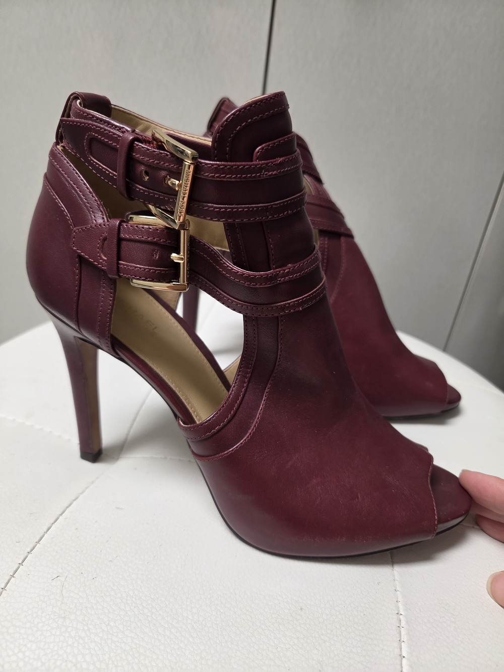 Michael Kors Burgundy Peep-Toe Strappy High Heel Bootie with Gold Buckles